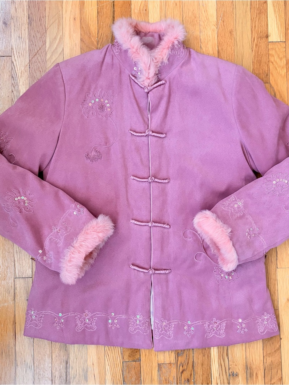 Women's Pink Faux-Fur Trim Frog Clasp Embroidered Coat